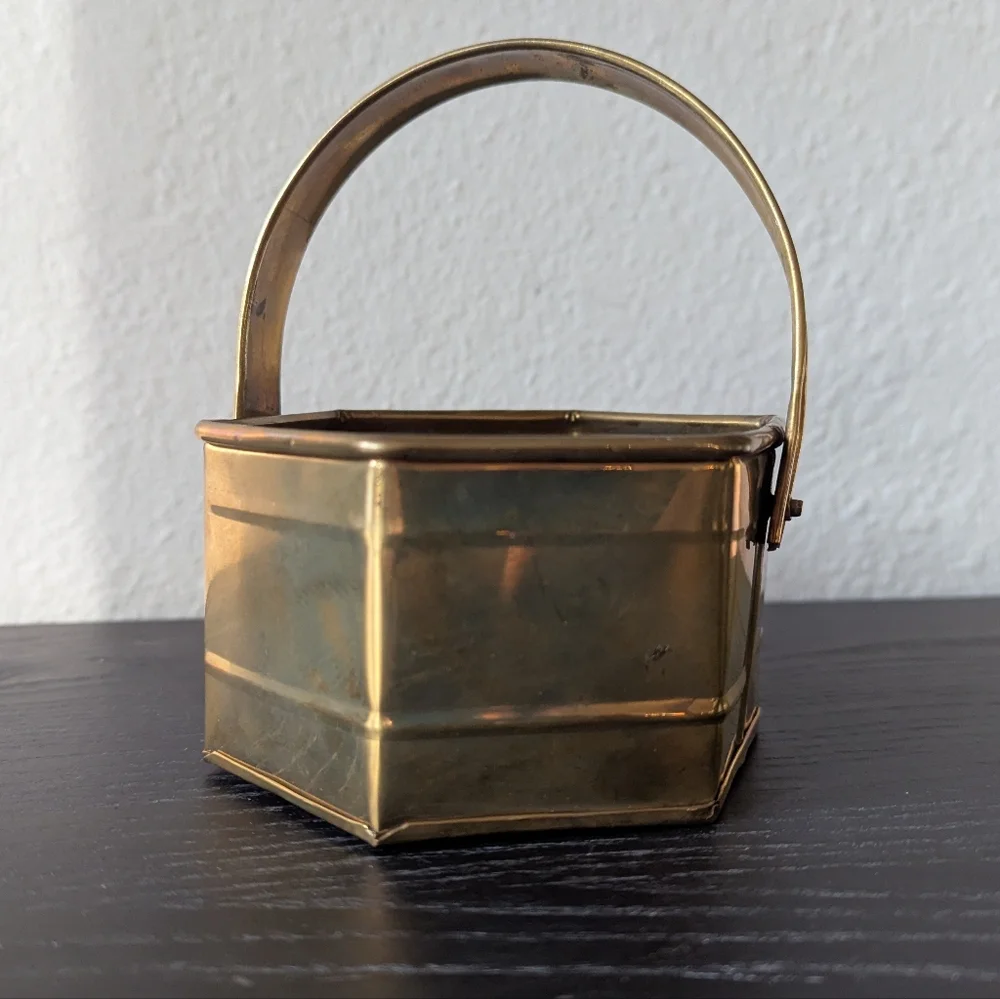 Vintage Solid Brass Small Hexagon Basket W/ Fold Down Handle 2.5'' X 4